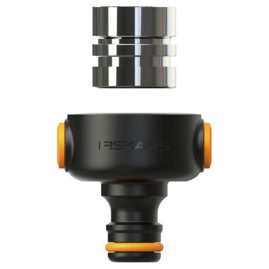 Fiskars Adaptador de grifo interior, Con cierre rápido para su retirada, Incluye rosca hembra M22 y macho M24, Fácil de instalar, Tamaño universal, 50 g, Negro/Naranja, 1027062