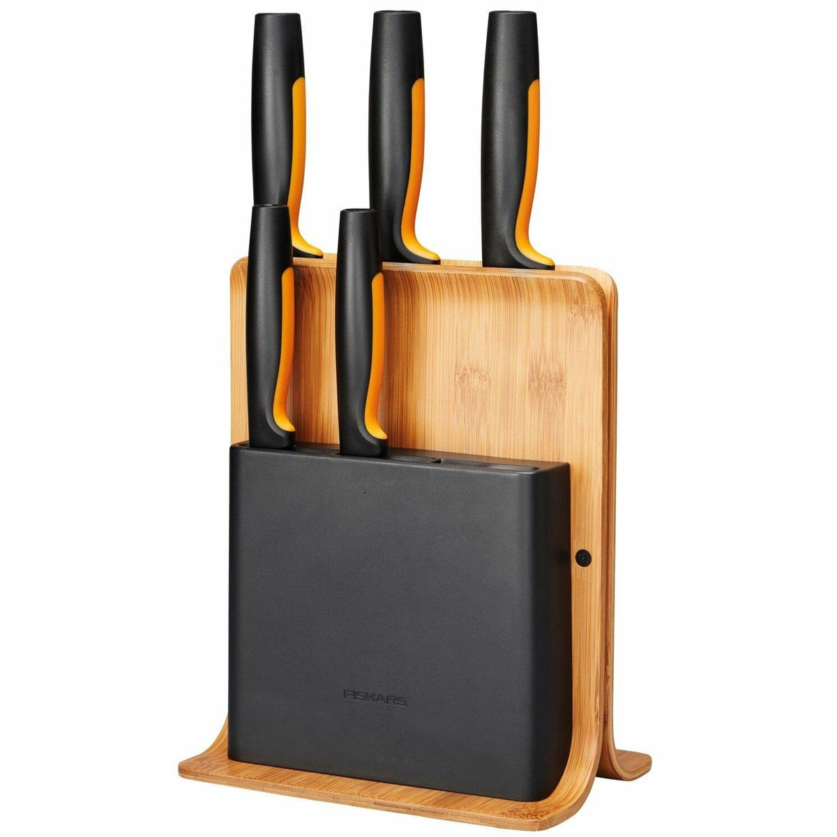 Fiskars Bloque de bambú con 5 cuchillos, Functional Form, Incluye Cuchillo para verduras, Cuchillo de tomate, Cuchillo de chef Santoku, Cuchillo de cocina y Cuchillo de pan, Bambú/Plástico, 1057552 - Ferrotecnia