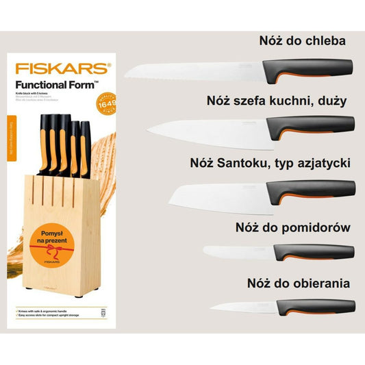 Fiskars Bloque de cuchillos con 5 cuchillos, Ancho: 14,5 cm, Alto: 36 cm, Madera de abedul, Functional Form, 1062927