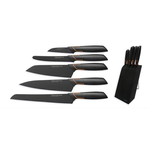 Fiskars Bloque de cuchillos con 5 cuchillos, Ancho: 15,5 cm, Alto: 37 cm, Madera de abedul, Negro, Edge, 1003099