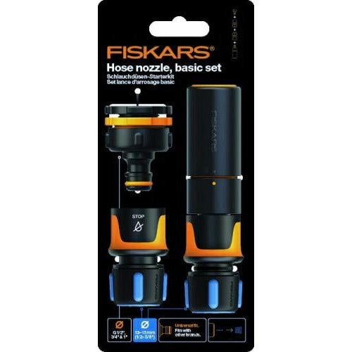 Fiskars Boquilla de manguera: kit básico, SoftGrip, Con boquilla de manguera, conector de grifo múltiple y conectores de manguera, Ø 1,3-1,5 cm (1/2-5/8''), Negro/Naranja/Azul, 1027091