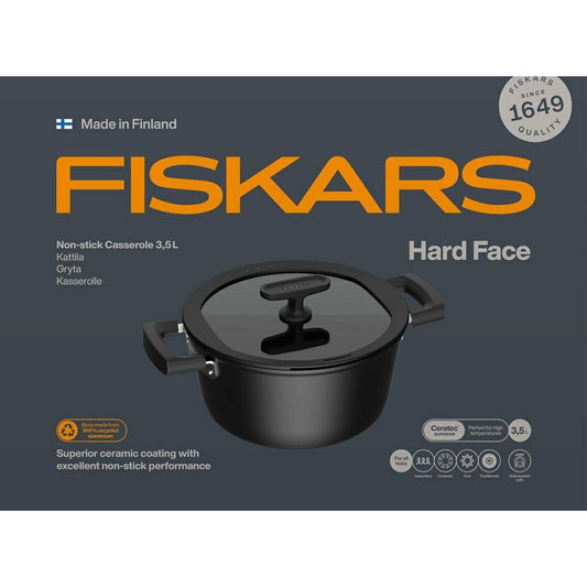 Fiskars Cacerola con Tapa, Hard Face, Diámetro 22 cm, Capacidad: 3,5 litros, Apta para Todas Las Placas, Revestimiento Antiadherente, Resistente a los Arañazos, Aluminio/Plástico, 1075526