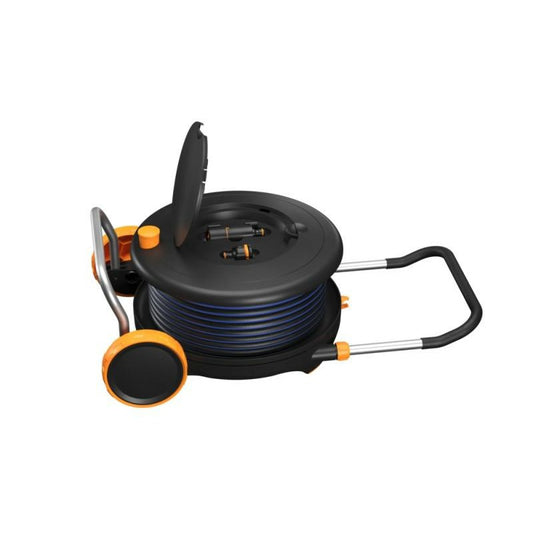 Fiskars Comfort Carro portamanguera Waterwheel L, Set de riego todo incluido, Alcance 31,5 m, Bobinado automático, Manguera de jardín tamaño universal (Ø 13 mm), Conector de grifo universal, 1071670