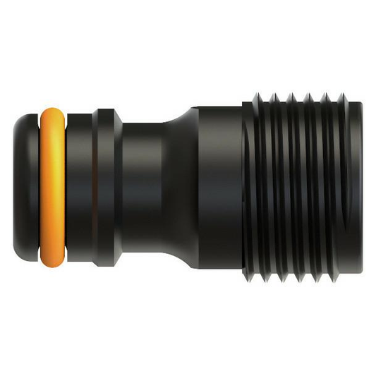 Fiskars Conector de grifo, Para grifos de agua, Rosca exterior Ø 21 mm (G 1/2"), Tamaño universal, 10 g, Negro/Naranja, 1027060
