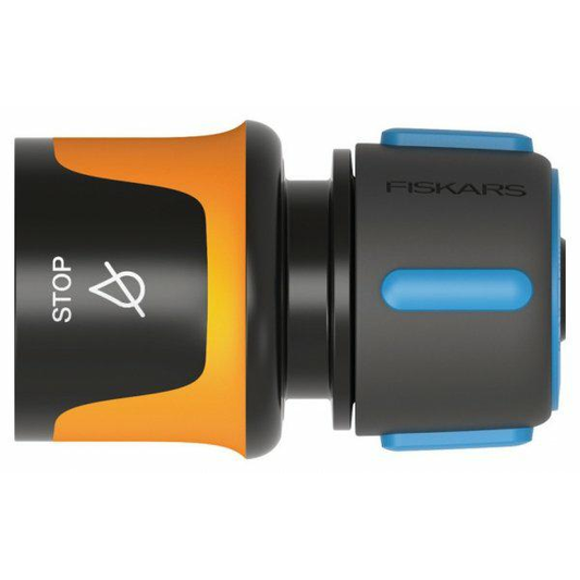 Fiskars Conector de manguera, Tamaño universal, Ø 13-15 mm (1/2 - 5/8"), Puntos de contacto SoftGrip, 30 g, Negro/Naranja/Azul, STOP, 1027079