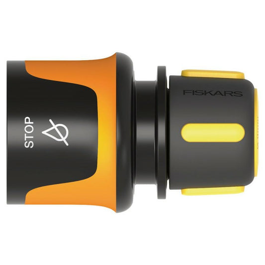 Fiskars Conector de manguera, Tamaño universal, Ø 9 mm (3/8"), Puntos de contacto SoftGrip, 30 g, Negro/Naranja/Amarillo, STOP, 1027078