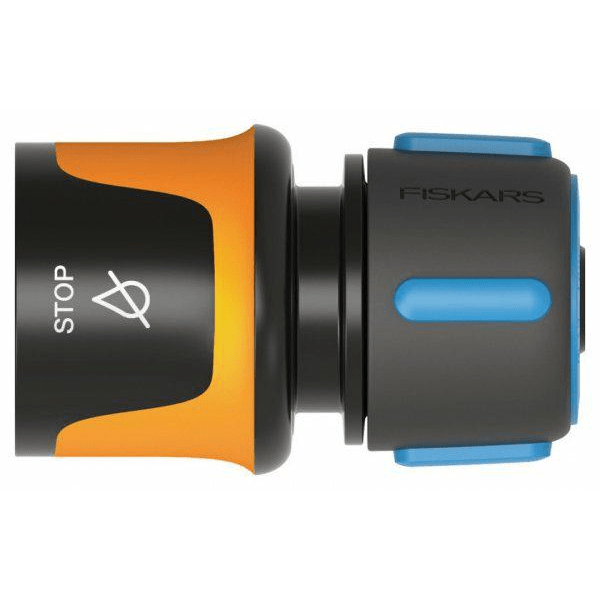 Fiskars Conector de manguera, Tamaño universal, Ø 13-15 mm (1/2 - 5/8"), Puntos de contacto SoftGrip, 30 g, Negro/Naranja/Azul, STOP, 1027079 - Ferrotecnia