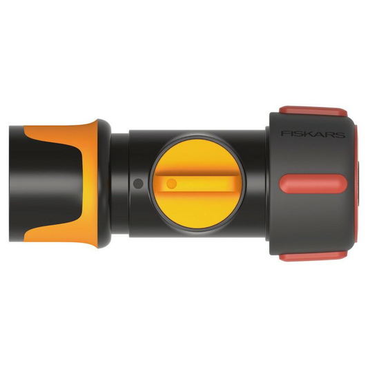 Fiskars Conexión para mangueras, Con función ON/OFF, Puntos de contacto SoftGrip, Tamaño universal, Ø 1,9 cm (3/4''), 80 g, Negro/naranja/rojo, 1027087