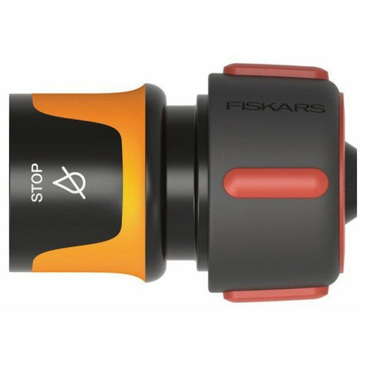 Fiskars Conexión para mangueras, Con mecanismo de parada, Puntos de contacto SoftGrip, Tamaño universal, Ø 1,9 cm (3/4''), 42 g, Negro/naranja/rojo, 1027081