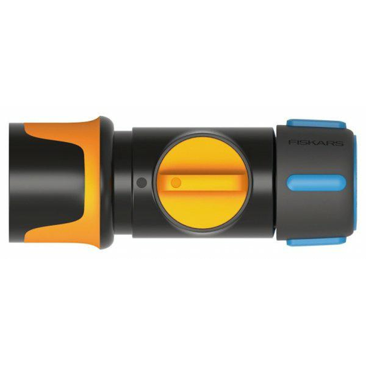 Fiskars Conexión para mangueras ON/OFF, Puntos de contacto SoftGrip, Tamaño universal, Ø 1,3-1,5 cm (1/2-5/8''), 65 g, Negro/naranja/azul, 1027086
