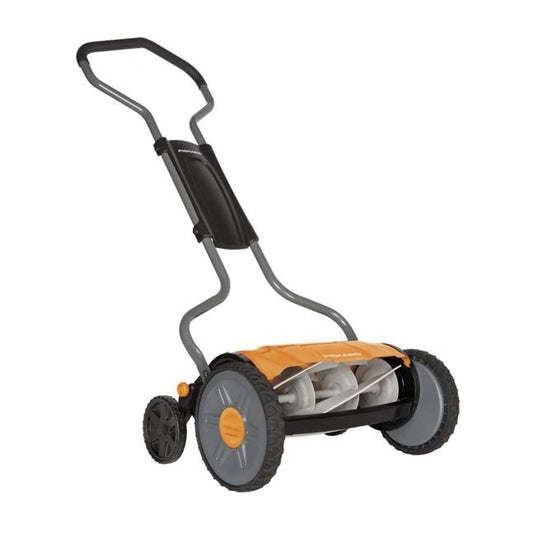Fiskars Cortacésped manual, Cortacésped cilíndrico con sistema de corte sin fricción de las cuchillas, Largo de corte: 43 cm, StaySharp Plus, Negro/Naranja/Plateado, 1015649