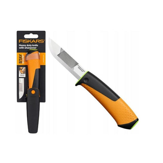 Fiskars Cuchillo de alta resistencia, Incluye funda con afilador, 21,9 cm, Negro/Naranja/Verde, 1023619