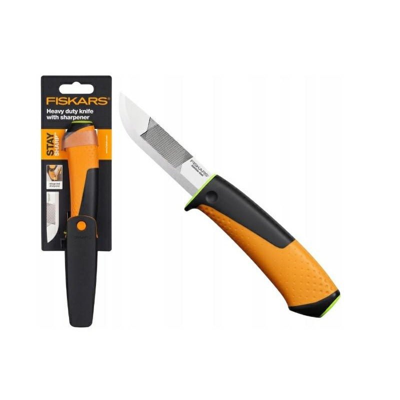 Fiskars Cuchillo de alta resistencia, Incluye funda con afilador, 21,9 cm, Negro/Naranja/Verde, 1023619 - Ferrotecnia