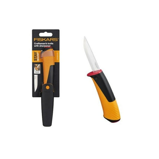 Fiskars Cuchillo para artesanía, Incluye funda con afilador, 20,9 cm, Negro/Naranja/Rojo, 1023620