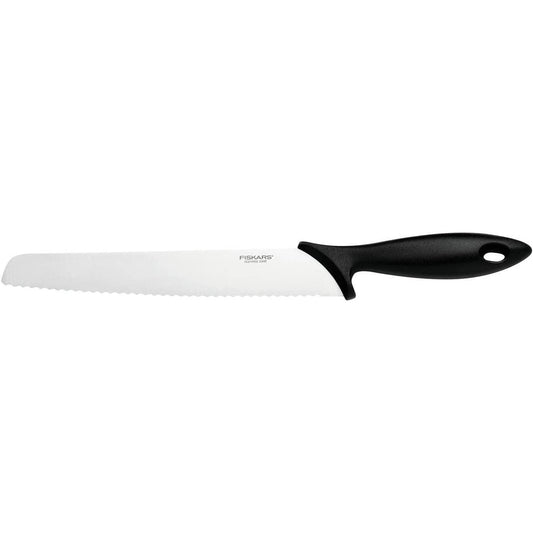 Fiskars Cuchillo para pan con filo dentado, Essential, plástico/acero inoxidable, longitud de la hoja: 23 cm, negro/plateado, 1065564