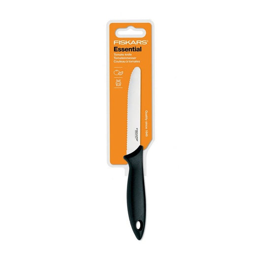 Fiskars Cuchillo para tomates, Longitud total: 23 cm, Acero inoxidable / Plástico PP, Negro, Essential, 1023779