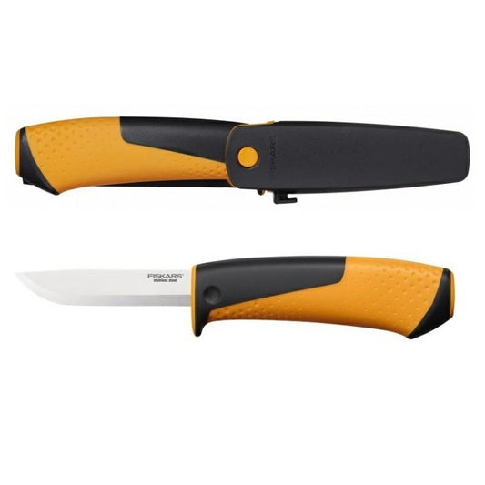Fiskars Cuchillo universal, Incluye funda con afilador, 21,5 cm, Negro/Naranja, 1023618