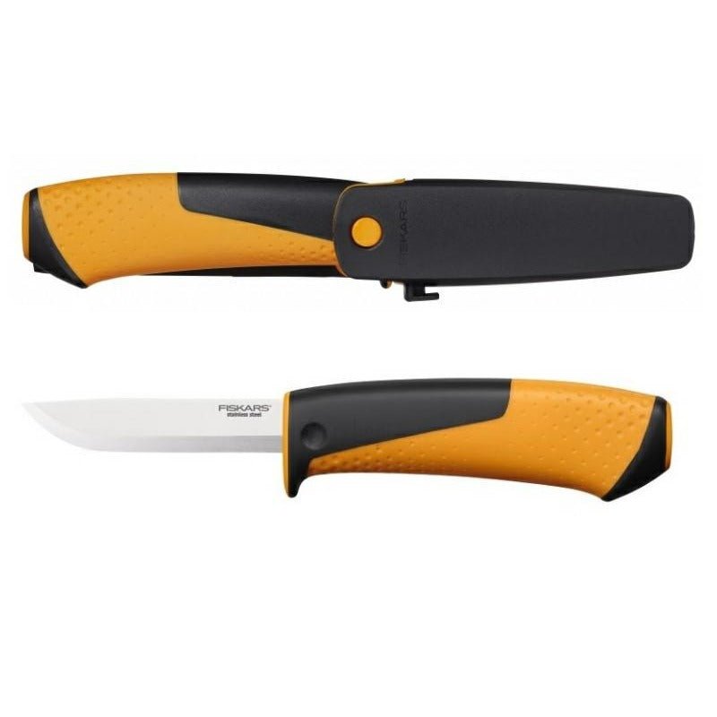 Fiskars Cuchillo universal, Incluye funda con afilador, 21,5 cm, Negro/Naranja, 1023618 - Ferrotecnia