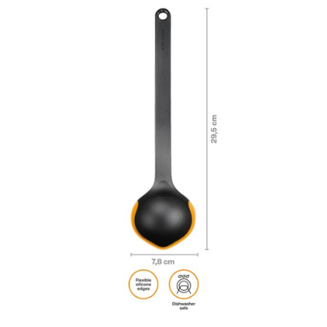 Fiskars Functional Form Cucharón de cocina, Cazo con bordes de silicona y escala de medición, Resistente al calor, Longitud 36,2 cm, Plástico/Silicona, Negro/Naranja, 1079965