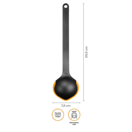 Fiskars Functional Form Cucharón de cocina, Cazo con bordes de silicona y escala de medición, Resistente al calor, Longitud 36,2 cm, Plástico/Silicona, Negro/Naranja, 1079965 - Ferrotecnia