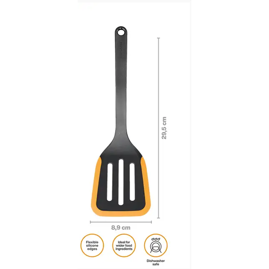 Fiskars Functional Form Espátula, Espátula flexible para tortilla, tortitas y crêpes, Soporte integrado, Resistente al calor hasta 220 °C, Longitud 29,5 cm, Plástico/Silicona, Negro/Naranja, 1079964