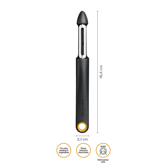Fiskars Functional Form Pelador con cuchilla móvil, Pelador universal para frutas y verduras, Punta afilada, Cuchilla de acero inoxidable/Mango de plástico, Negro/Naranja, 1079960