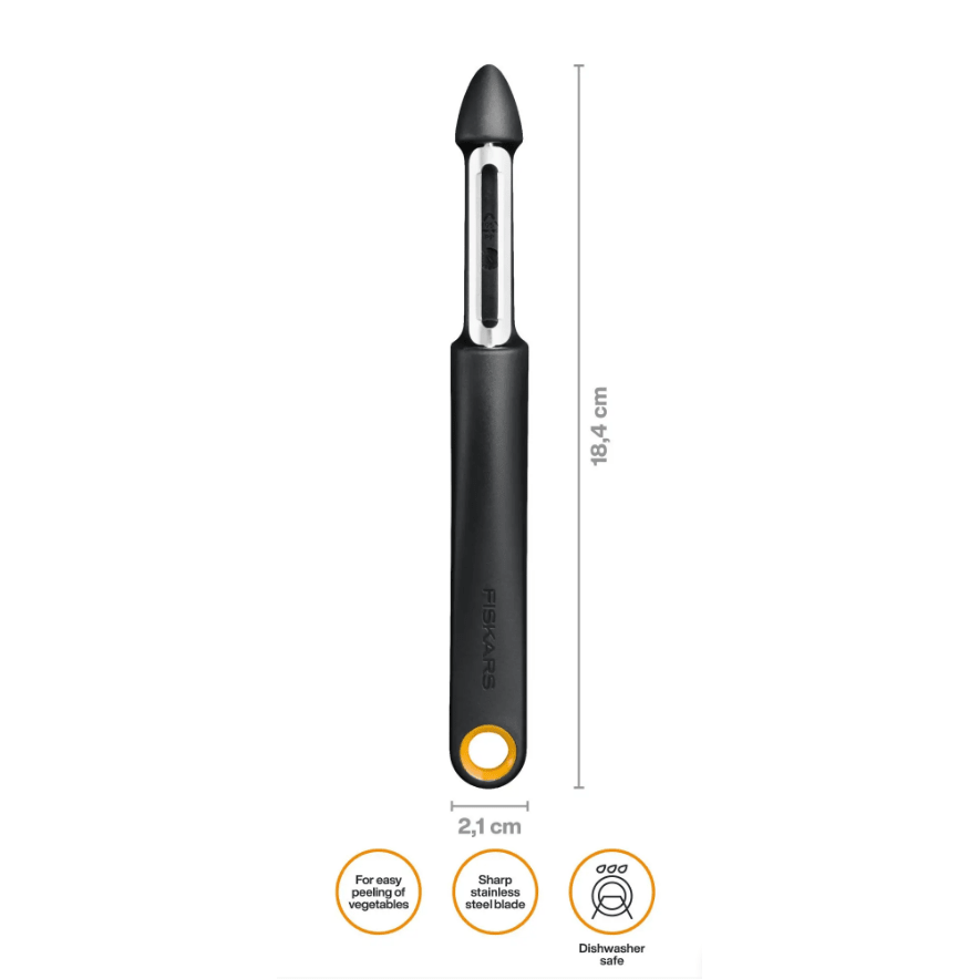 Fiskars Functional Form Pelador con cuchilla móvil, Pelador universal para frutas y verduras, Punta afilada, Cuchilla de acero inoxidable/Mango de plástico, Negro/Naranja, 1079960 - Ferrotecnia