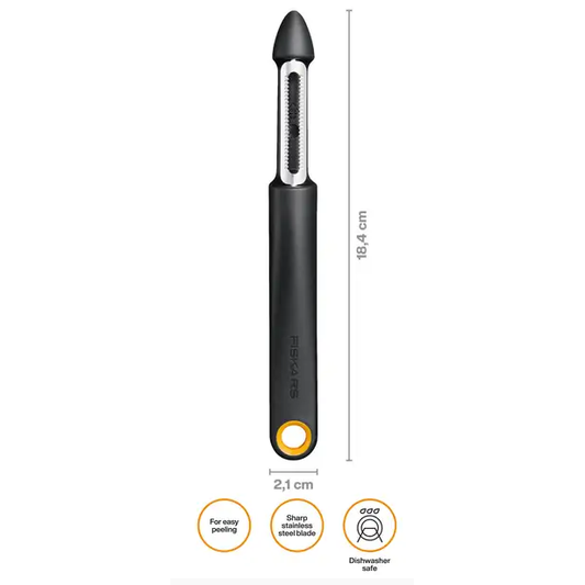 Fiskars Functional Form Pelador de frutas con cuchilla móvil, Pelador especial para tomates y kiwis, Cuchilla dentada, Hoja de acero inoxidable/Mango de plástico, Negro/Naranja, 1079961