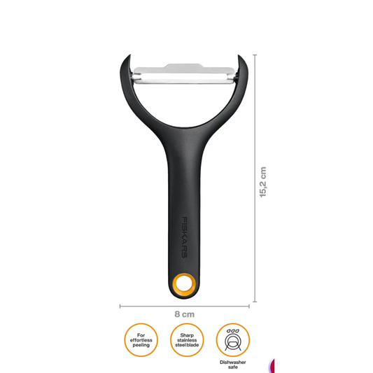 Fiskars Functional Form Pelador de verduras, Pelador en Y para zanahorias y pepinos, Cuchilla giratoria, Mango ergonómico, Hoja de acero inoxidable/Mango de plástico, Negro/Naranja, 1079908