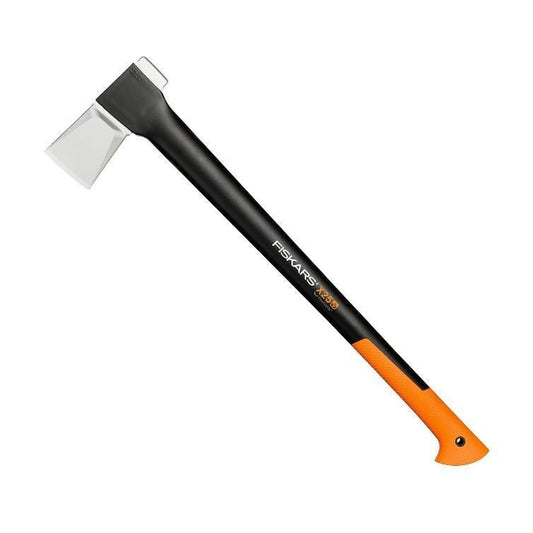 Fiskars Hacha 2,4 kg, Con estuche de almacenamiento y transporte, Longitud: 77 cm, Capa antiadherente, Cuchilla de acero/Mango de fibra de vidrio, Negro/Naranja, X25–XL, 1015643