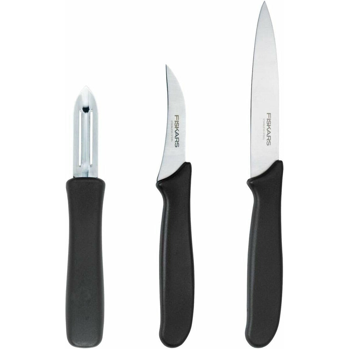 Fiskars Juego de peladores, 3 piezas, cuchillo pelador (hoja de 11 cm), cuchillo para verduras (hoja de 7 cm), pelador (hoja de 7 cm), Essential, acero inoxidable/plástico PP, negro, 1065600