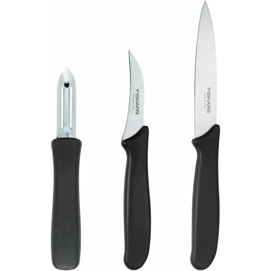 Fiskars Juego de peladores, 3 piezas, cuchillo pelador (hoja de 11 cm), cuchillo para verduras (hoja de 7 cm), pelador (hoja de 7 cm), Essential, acero inoxidable/plástico PP, negro, 1065600
