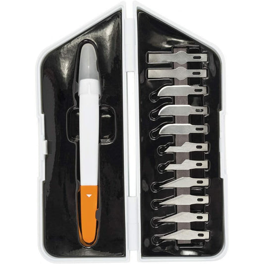 Fiskars Kit Premium de precisión, Cúter de precisión y Set de 13 Cuchillas, Longitud total: Cúter: 21 cm, Incl. 12 Cuchillas, Acero /Plástico, Blanco/Naranja, 1024384
