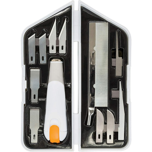 Fiskars Kit Universal para Esculpir, Cincelar y Serrar, Cúter de Precisión y Set de Cuchillas, Longitud total: 21 cm, Acero de calidad/Plástico, Blanco/Naranja, Premium, 1024385