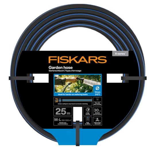 Fiskars Manguera de Jardín M-L, Serie X, Manguera de Agua para Riego Manual, 13 mm (1/2"), Longitud: 25 m, Conexión universal, Resistente a Rayos UV, Heladas y Torsiones, Azul, 1076045