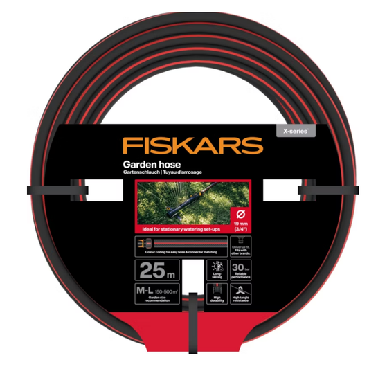 Fiskars Manguera de Jardín M-L, serie X, Manguera de Agua para Sistemas de Riego, 19 mm (3/4"), Longitud: 25 m, Conexión universal, Resistente a Rayos UV, Heladas y Torsionesroja, Rojo, 1076047