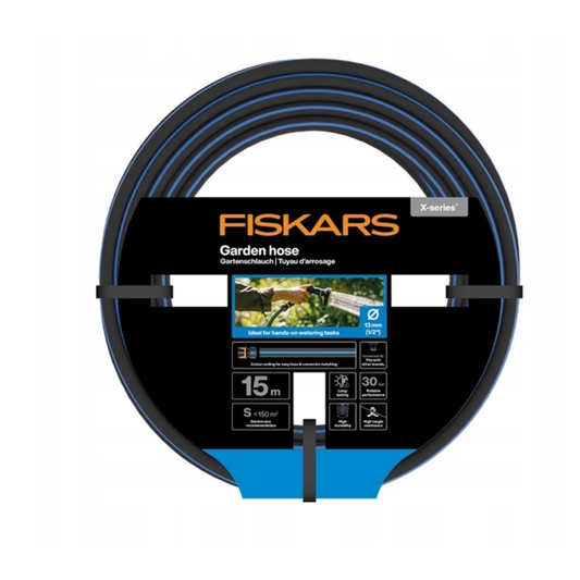 Fiskars Manguera de Jardín S, Serie X, Manguera de Agua para Riego Manual, 13 mm (1/2"), Longitud: 15 m, Conexión universal, Resistente a Rayos UV, Heladas y Torsiones, Azul, 1076044
