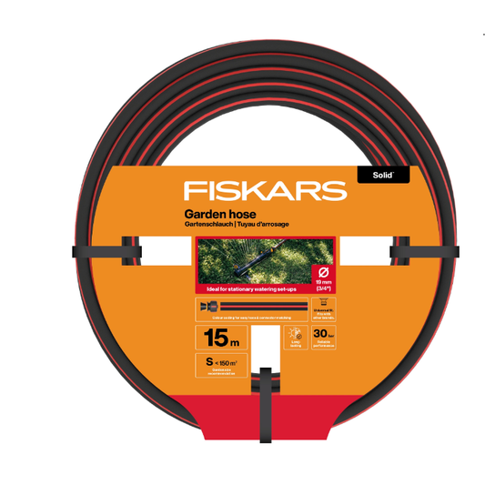 Fiskars Manguera de Jardín S, Sólida, Manguera de Agua para Sistemas de Riego, 19 mm (3/4"), Longitud: 15 m, Conexión Universal, Resistente a Rayos UV, Heladas y Torsiones, Rojo, 1076061