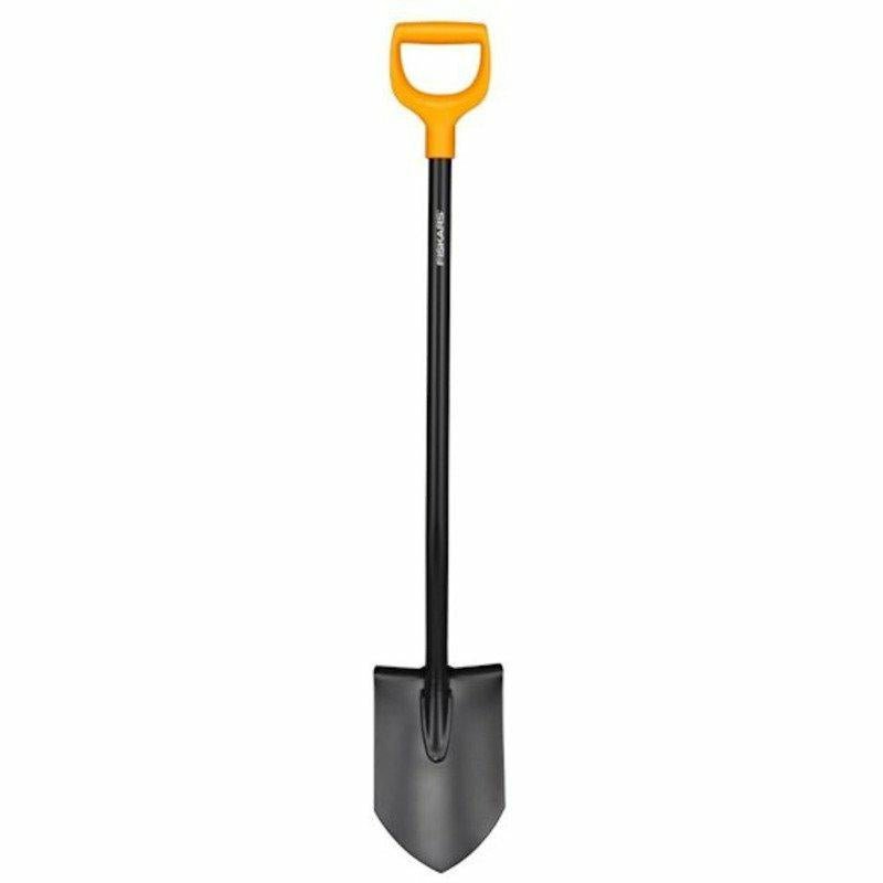 FISKARS Pala de Jardín Redonda para Suelos Blandos y Pedregosos, Longitud 116,6 cm, Hoja de Acero de y Mango de Plástico, Negro/Naranja, Solid, 1066716