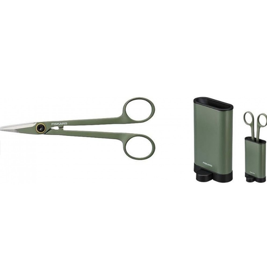 Fiskars Pequeña Tijera para Plantas con Soporte, Urban Plant Care, Para cortes finos en plantas de interior, Longitud Total: 17 cm, Acero Inoxidable/Plástico, Color: Verde Oscuro/Negro, 1075315