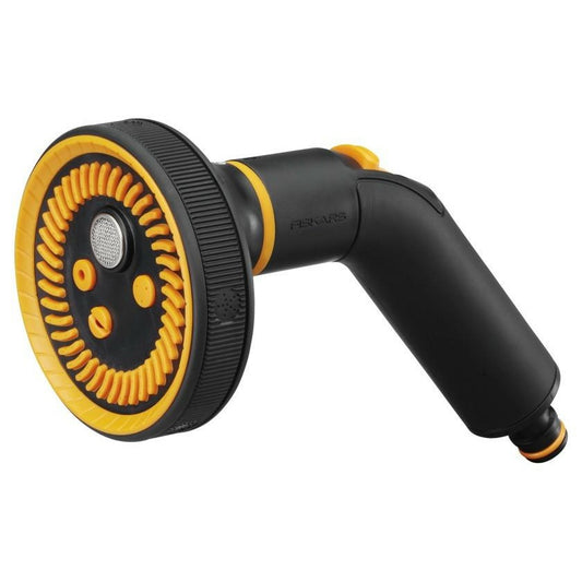 Fiskars Pistola de pulverización, 5 funciones, Patrón de pulverización infinitamente ajustable, Control de flujo accionado por el pulgar, Tamaño universal, Negro/Naranja, 1052184