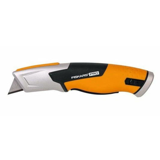 Fiskars Pro Cúter de seguridad con hoja retráctil, Longitud 17,7 cm, Acero inoxidable/plástico, Negro/naranja, CarbonMax, 1062938