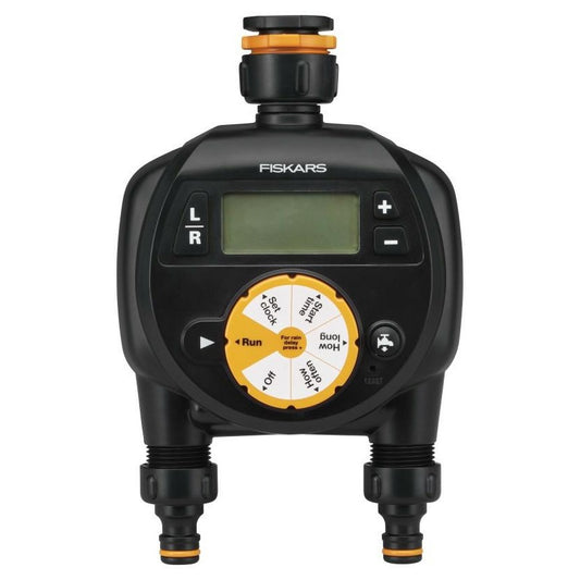 Fiskars Programador/Timer con 2 salidas, Para todos los tamaños de grifo habituales, Pantalla LCD de fácil lectura, Tamaño universal, 580 g, Negro/Naranja, 1054792