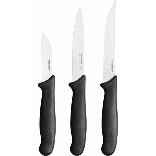 Fiskars Set de cuchillos de mondar, 3 piezas, Cuchillo de pelar, Cuchillo de mondar, Cuchillo para tomates, Essential, Acero inoxidable/Plástico PP, Negro, Essential, 1065584