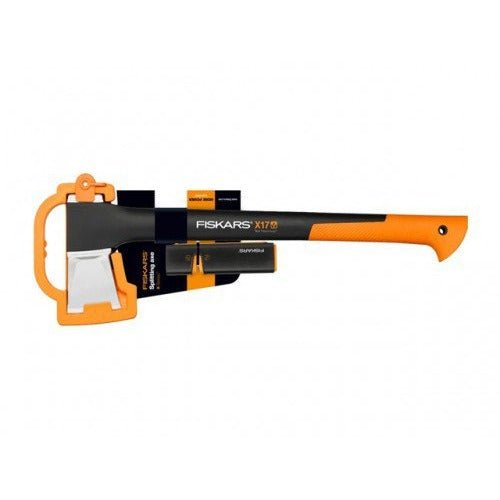 Fiskars Set de hachas, Hacha de rajar con protección de transporte, Longitud: 60 cm, Revestimiento antiadherente, X17-M, 1,53 kg; Afilador de hachas y cuchillos: cabezal de cerámica, Xsharp, 1020182 - Ferrotecnia