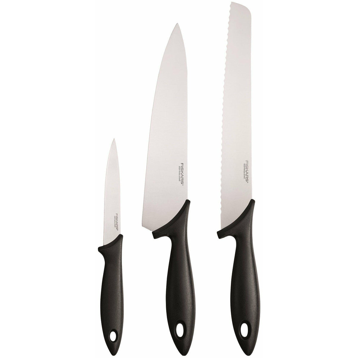 Fiskars Set de inicio, Juego de 3 cuchillos, Cuchillo de chef, Cuchillo para pan, Cuchillo de pelar (Longitud de hoja: 20 cm, 23 cm, 11 cm), Essential, Acero inoxidable/Plástico PP, Negro, 1065583 - Ferrotecnia
