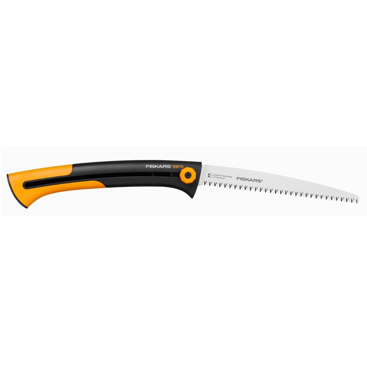 Fiskars Sierra larga retráctil, Para madera verde, Cuchilla retráctil, Dientes grandes, Corte tirante, Longitud de cuchilla: 25,5 cm, acero inoxidable, Negro/Naranja, Xtract, SW75, 1000614