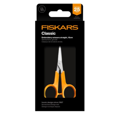 Fiskars Tijeras de costura Classic, Cuchillas curvadas, Diestros y zurdos, Longitud total: 10 cm, Ergonomía del mango mejorada, Hoja de acero inoxidable/Mangos de plástico, Naranja, 1075059