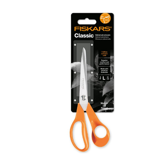 Fiskars Tijeras de jardinería universales Classic, Para Diestros, Longitud total: 21 cm, Tornillo Torx mejorado y mango más ergonómico, Acero/Plástico, Naranja, 1075033