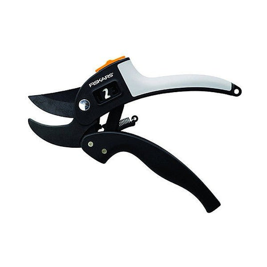 Fiskars Tijeras de podar con yunque para madera seca y dura, Diámetro de corte: 2,4 cm, Cuchillas de acero con cubierta antiadherente, Longitud: 19 cm, Negro/Naranja, PowerStep, P83, 1000575